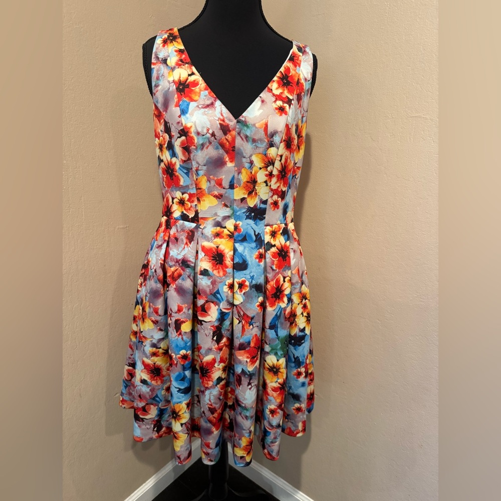Vintage 90s Spring Betsey Johnson Multicolor Floral V-Neck Pleated Dress